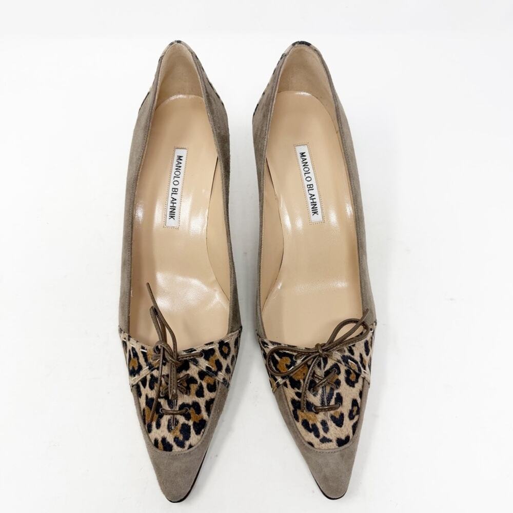Manolo Blahnik Suede Leopard Print Bow Pointed Toe Heels Womens Size EU 40 - Picture 2 of 12